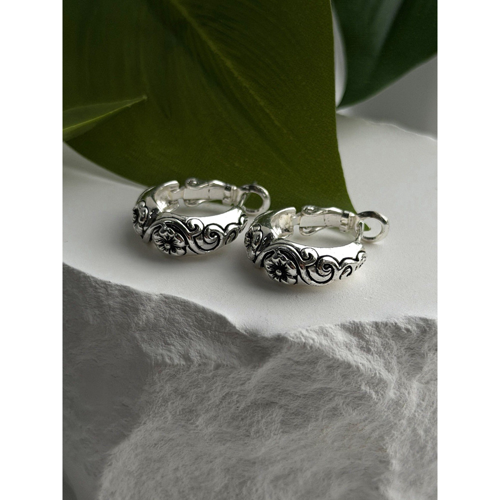 Vintage Floral Hoop Engraved Boho Western 925 Sterling Silver Earrings